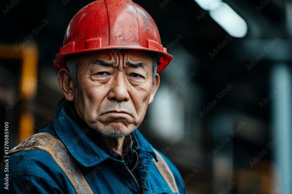 Experienced construction worker in a hard hat showcases determination in a busy industrial setting Experienced construction worker in a hard hat showcases determination in a busy industrial setting