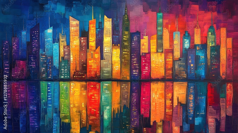 Obraz premium A colorful cityscape reflecting on a river at night, artistic and vibrant