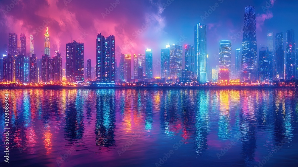 A colorful cityscape reflecting on a river at night, artistic and vibrant A colorful cityscape reflecting on a river at night, artistic and vibrant