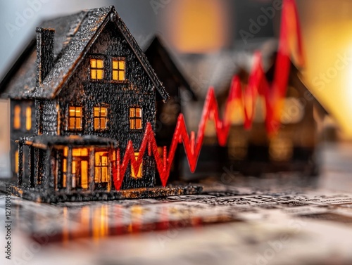 Miniature houses with a rising graph showcasing market trends.