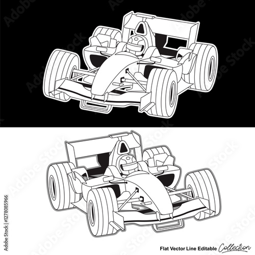 Fast racer car, editable vector car illustrated in black and white