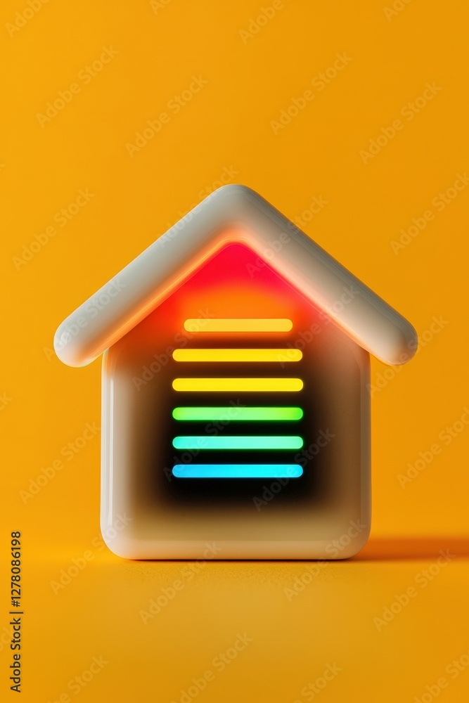 Colorful House Icon with Neon Lights on Bright Yellow Background Colorful House Icon with Neon Lights on Bright Yellow Background