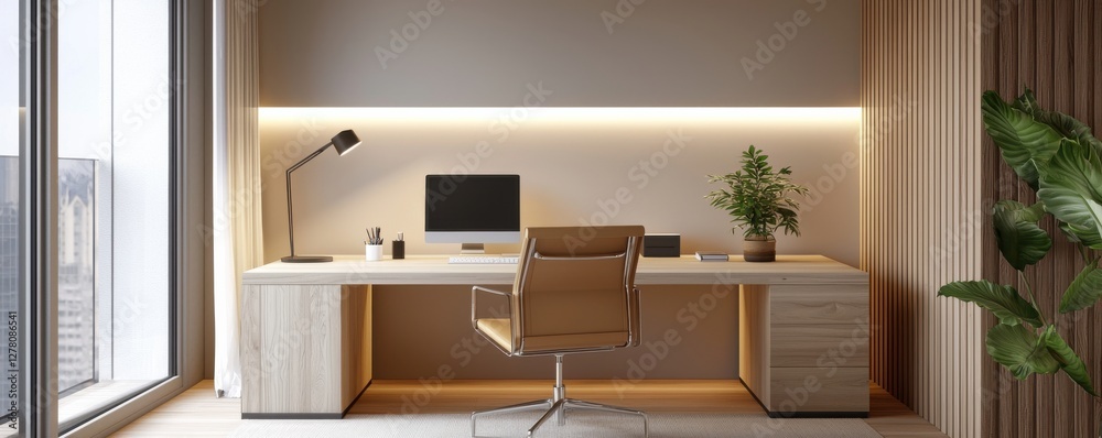 Fototapeta premium Modern minimalist office space with stylish furniture and decor.