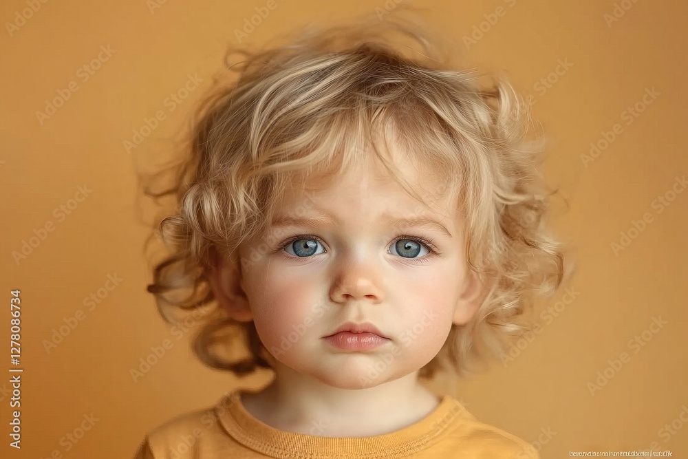 Naklejka premium Curly-haired child with blue eyes gazes thoughtfully against a warm orange backdrop