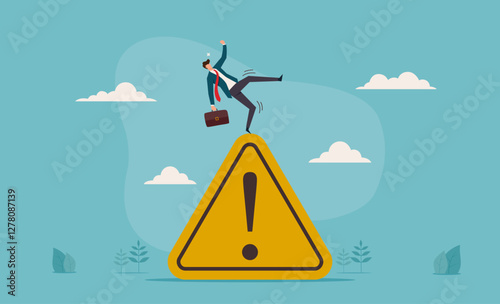 An illustration of businessman slip falling on exclamation symbol beware, careful caution sign. Mistake caution, business risk or problem warning, failure prevention or avoid danger conce