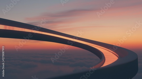 Photograph of a curved bridge at sunset. the bridge is made of concrete and has a curved shape, creating a sense of depth and dimension.