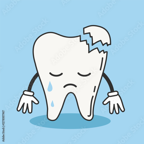 Cute sad  tooth character. Brocken tooth vector illustration. Crying baby teeth symbol. Little cartoon tooth. Oral health care dentistry concept.