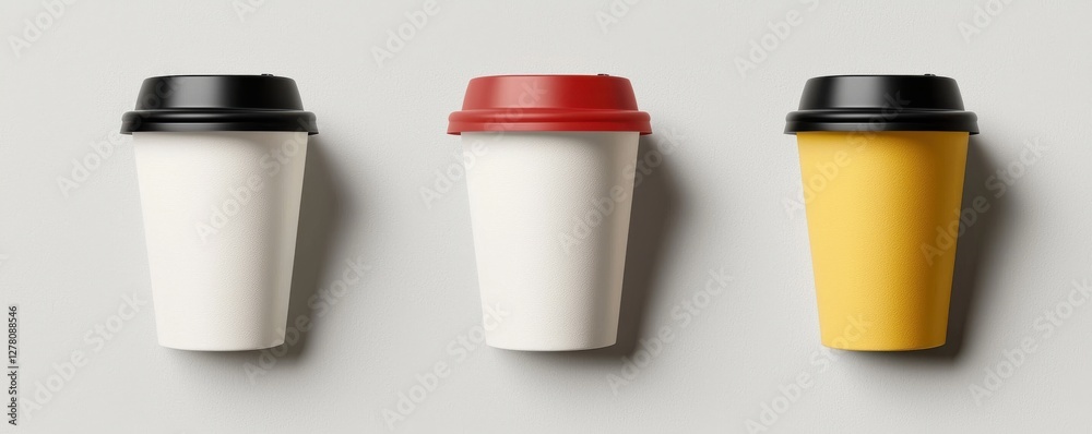 Three colorful coffee cups arranged on a light background. Three colorful coffee cups arranged on a light background.