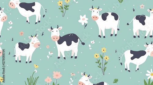 Cute cows in a meadow pattern; use for fabric, wallpaper, or children's products