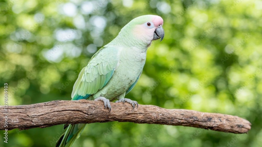 Vibrant Green Parrot Perched on Branch in Sunlit Forest Vibrant Green Parrot Perched on Branch in Sunlit Forest