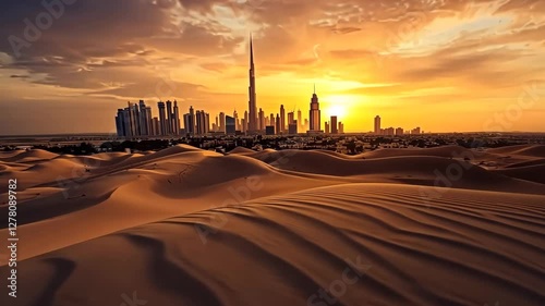 Sunset over urban skyline with desert dunes in foreground near Dubai