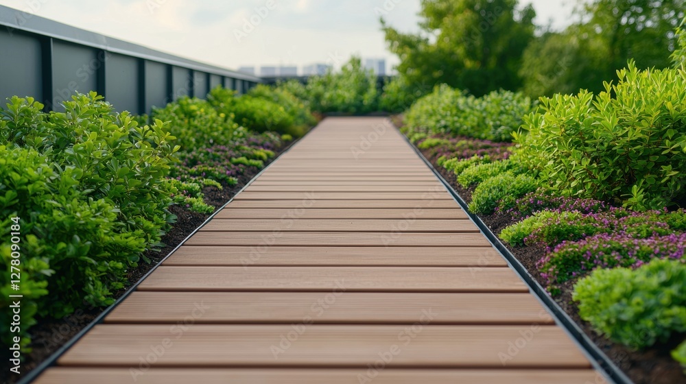 A wooden pathway surrounded by lush greenery, leading through a tranquil outdoor space, ideal for relaxation and nature appreciation. A wooden pathway surrounded by lush greenery, leading through a tranquil outdoor space, ideal for relaxation and nature appreciation.