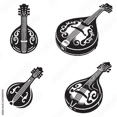 High-Quality Mandolin Vector Illustrations Black Silhouette Isolated on White Background"