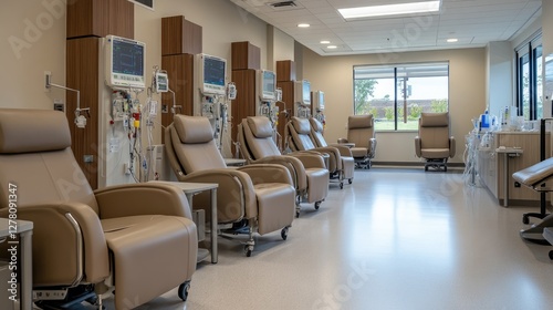Modern Medical Facility Interior: Beige Recliners and Medical Equipment