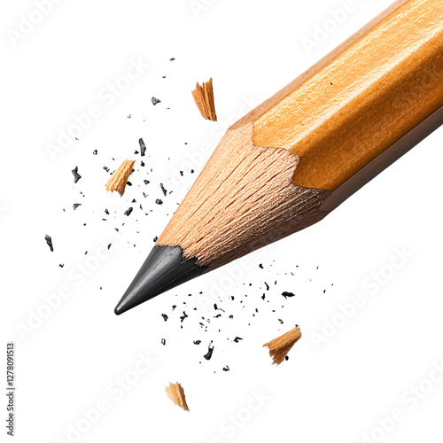 Close-up of a sharpened pencil with wood shavings, isolated on white background