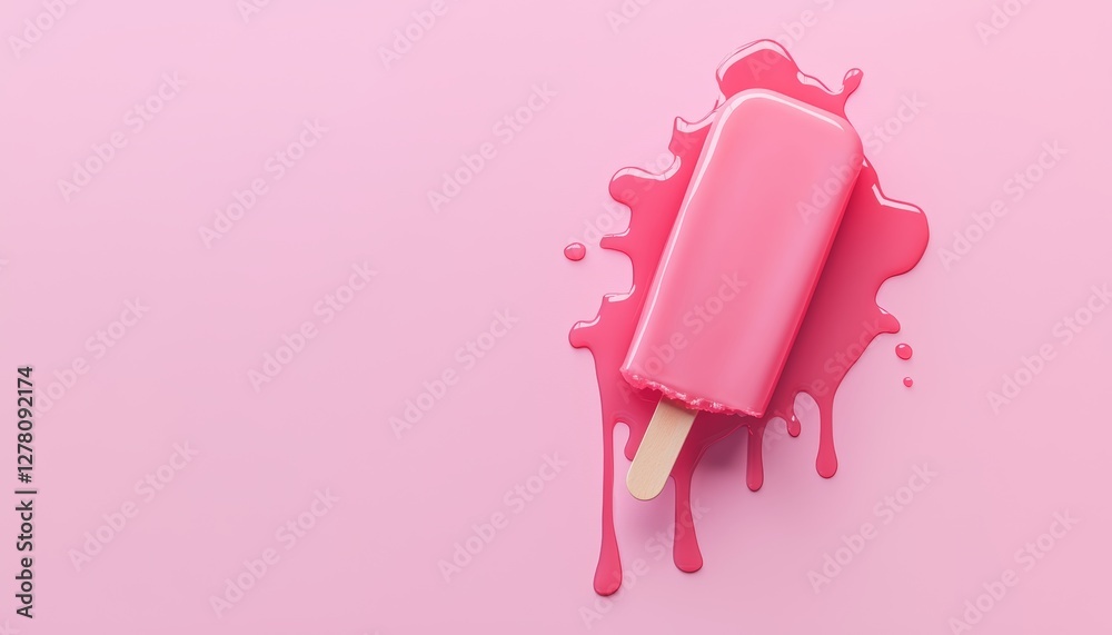 A neon raspberry-red popsicle melting on a hot pink background, with syrupy drips creating an artistic effect. A neon raspberry-red popsicle melting on a hot pink background, with syrupy drips creating an artistic effect.