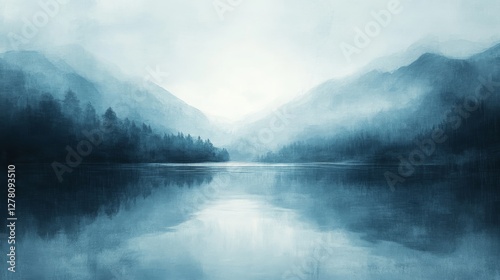 Serene Mountain Landscape Painting Depicting Water Reflection and Fog