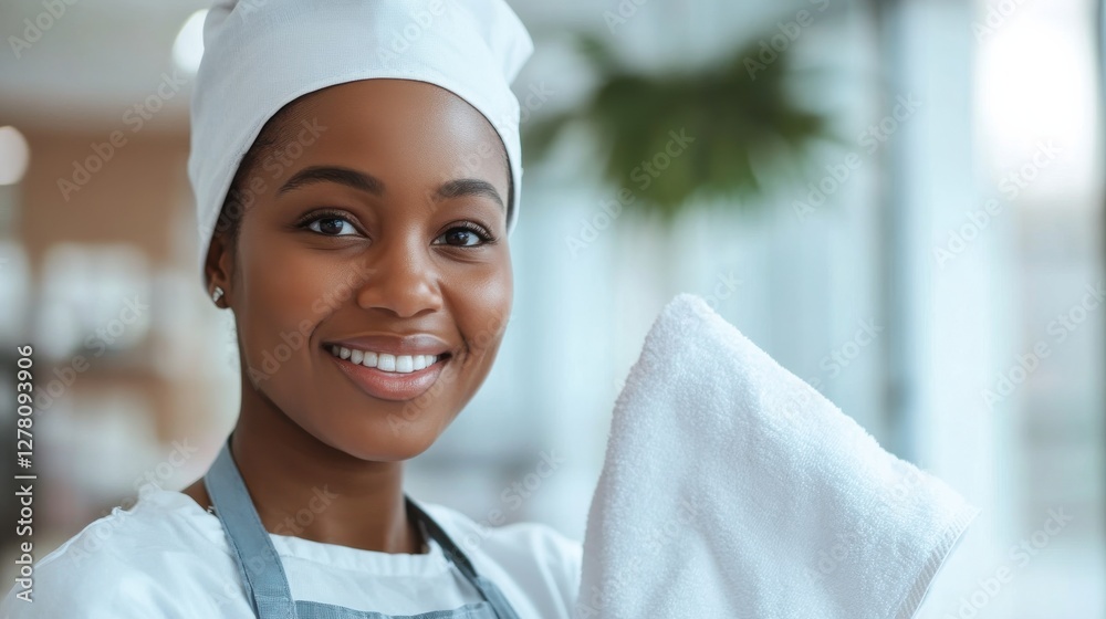 a female housekeeper holding a towel to resupply and clean your room. a female housekeeper holding a towel to resupply and clean your room.