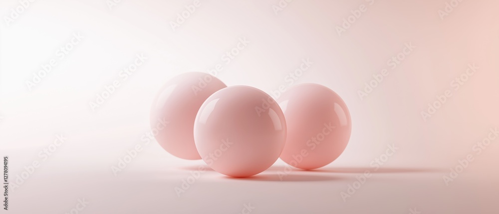 Fototapeta premium Three pink spheres arranged in a triangular formation on a plain white background. the spheres are all the same size and shape, with the largest one in the center and two smaller ones on either side.