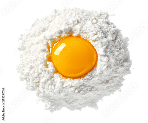 Raw egg yolk in a nest of flour isolated on white background