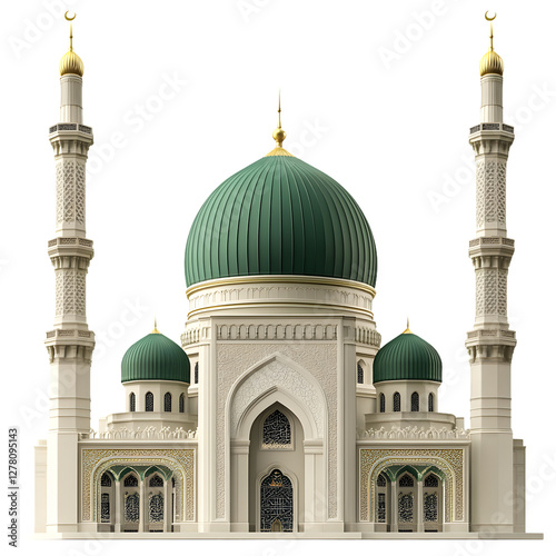 3D illustration of a mosque with green dome isolated on white background
