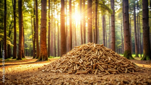 A sunlit forest scene showcasing a substantial pile of wood pellets, a renewable energy source harvested sustainably from responsibly managed woodlands.