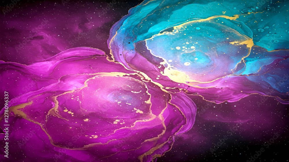 Naklejka premium An abstract wallpaper dominated by purple and turquoise colors, occasionally decorated with golden yellow lines.