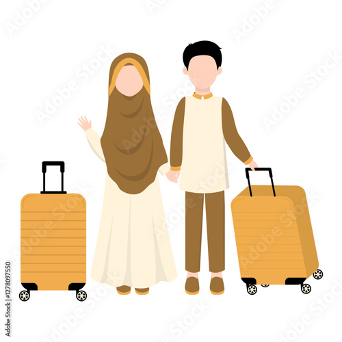 Muslim Couple with Luggage for Holiday. Muslim Going Mudik Traveling for Eid Mubarak