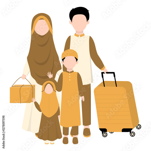 Muslim Family with Luggage for Holiday. Muslim Going Mudik Traveling for Eid Mubarak