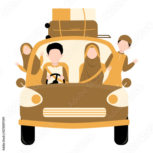 Muslim Family Traveling with Car. Muslim Going Mudik Traveling for Eid Mubarak