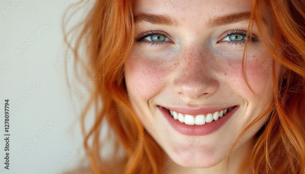 A close-up of a smiling red-haired woman with freckles against a bright white background.
A close-up of a smiling red-haired woman with freckles against a bright white background.