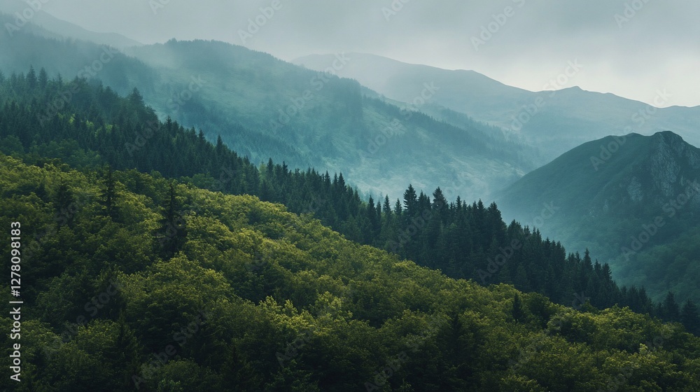Misty mountain landscape with lush green forest. Misty mountain landscape with lush green forest.