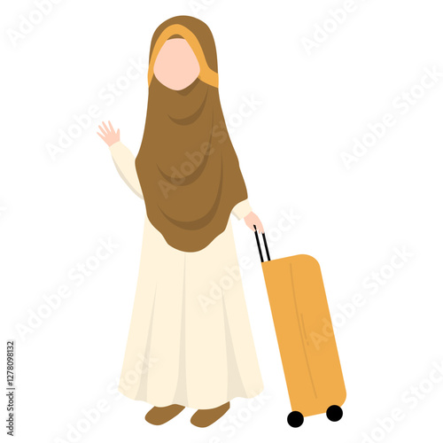 Muslim Woman with Luggage for Holiday. Muslim Going Mudik Traveling for Eid Mubarak