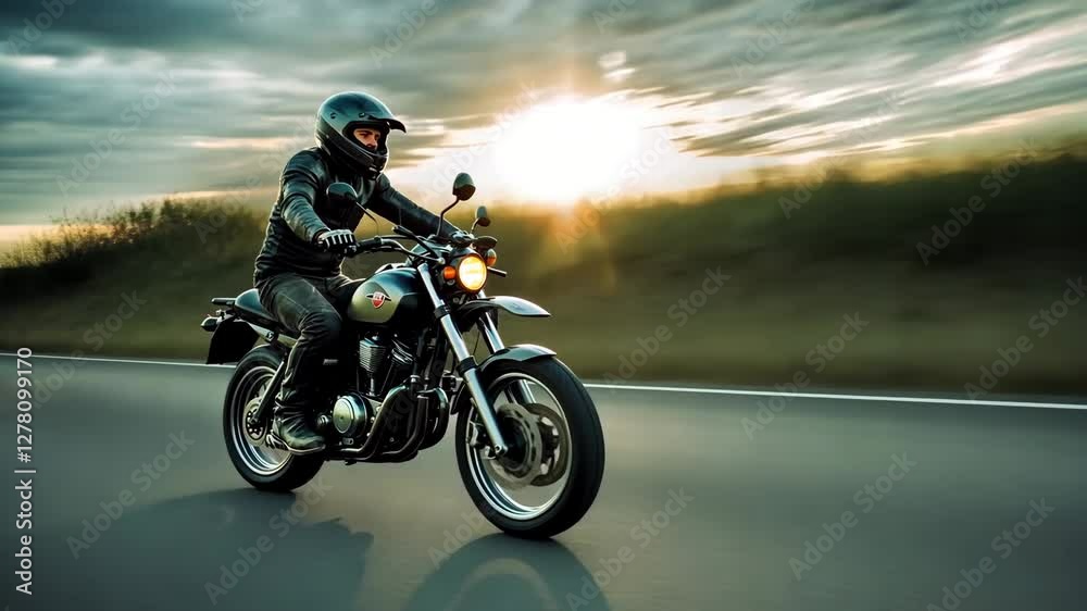 Rider in black leather speeds along open highway at sunset with beautiful landscape backdrop Rider in black leather speeds along open highway at sunset with beautiful landscape backdrop