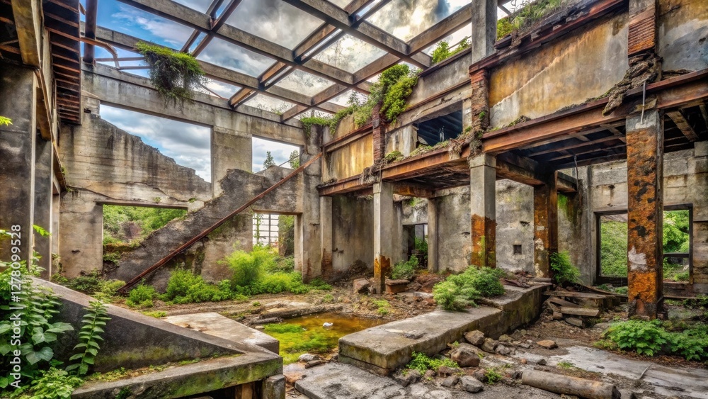 Reclaimed by Nature An Interior View of a Derelict Industrial Building Showing the Slow but Inevitable Progression of Nature's Reclamation