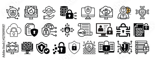 Cybersecurity,firewalls,encrytion,hacking,biometric security icon set design.