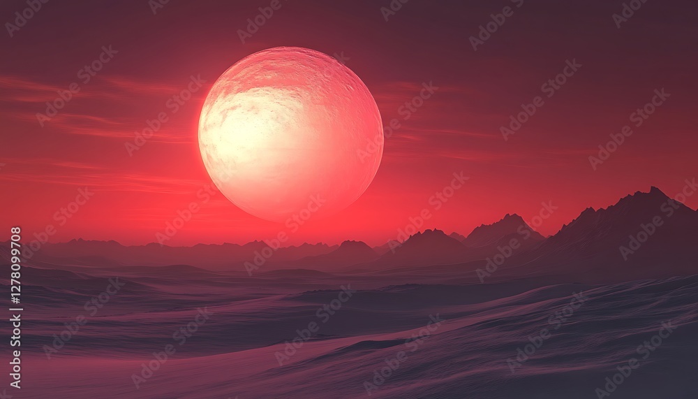 Fototapeta premium Red Alien Planet Sunset Over Dunes