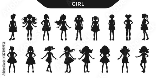 Vector illustration of girl silhouettes in various poses and hairstyles