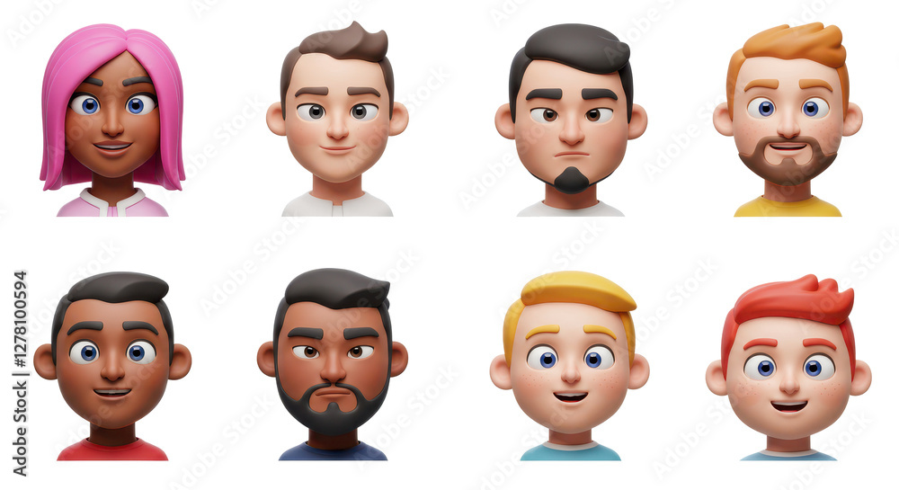 3D illustration of smiling people close up portraits set. Cute cartoon business men and women avatars, multi ethnic male and female characters faces, isolated on white 3D illustration of smiling people close up portraits set. Cute cartoon business men and women avatars, multi ethnic male and female characters faces, isolated on white