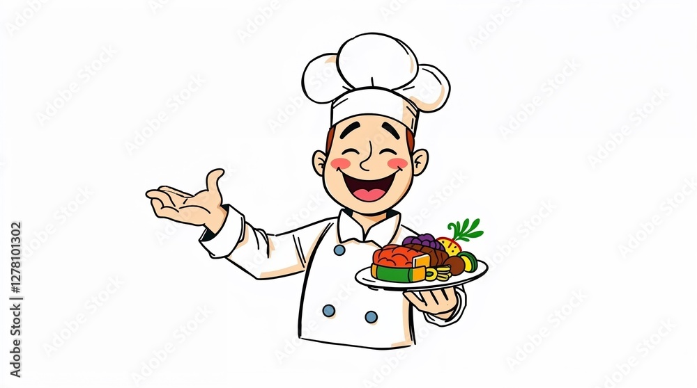 Cartoon chef holding a plate of fresh food. recipes from a chef, cooking master class, how to cook pasta, cooking tips, professional chef, culinary secrets, restaurant kitchen, dessert preparation, 