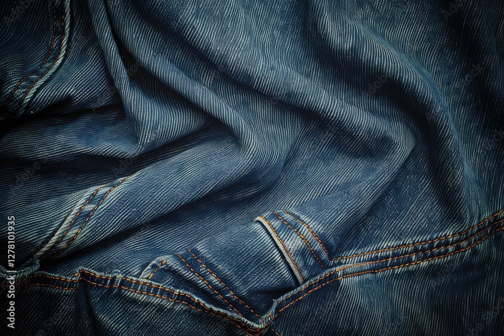 Naklejka premium Close-up view of textured blue denim fabric with visible stitching details.