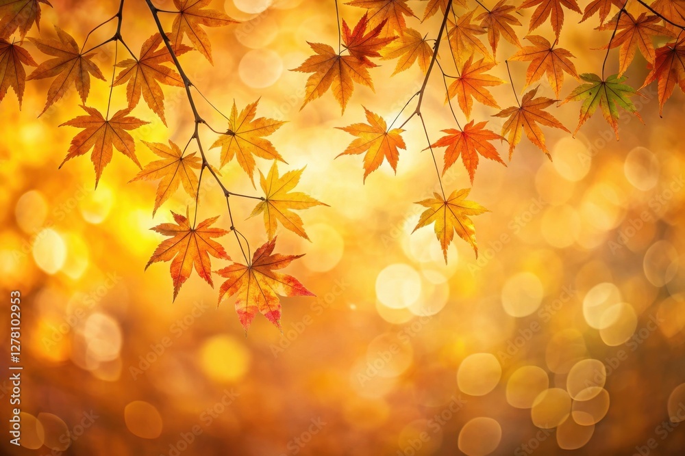 Autumnal foliage branch with vibrant golden and red leaves against a bokeh background of warm sunlight hues, perfect for seasonal designs and fall-themed projects. Autumnal foliage branch with vibrant golden and red leaves against a bokeh background of warm sunlight hues, perfect for seasonal designs and fall-themed projects.