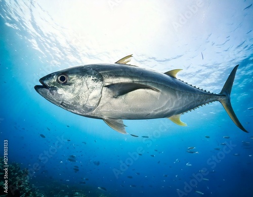 A tuna fish is swimming in the open sea photo