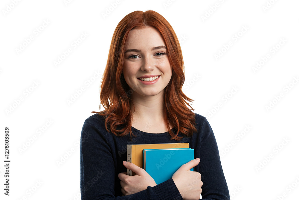 Portrait of a smiling young female student holding books, isolated on transparent background Portrait of a smiling young female student holding books, isolated on transparent background