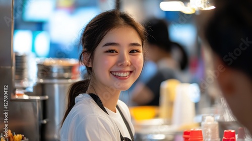 A smiling young woman in her 20s, from Korea, with her hair tied back, working part-time at a restaurant. 8k, --no low res