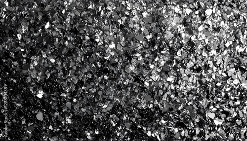 Irregularly shaped metallic pieces are densely clustered together on surface