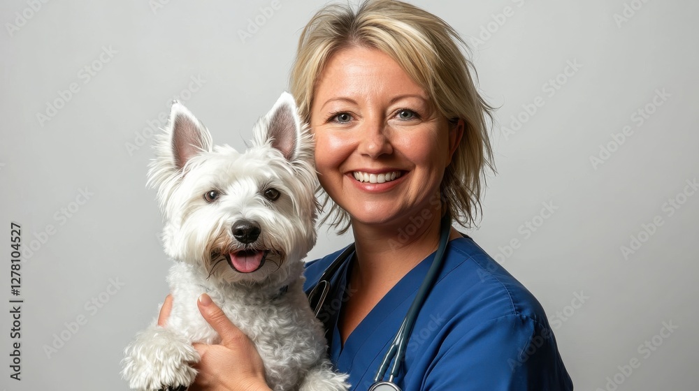 A studio portrait of a female doctor in blue scrubs, smiling and holding up her white West Highland Terrier dog on an isolated white background, with copy space for design A studio portrait of a female doctor in blue scrubs, smiling and holding up her white West Highland Terrier dog on an isolated white background, with copy space for design