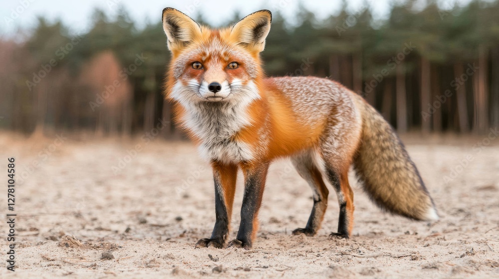 Majestic Red Fox Standing on Sandy Forest Floor Amidst Natural Woodland Majestic Red Fox Standing on Sandy Forest Floor Amidst Natural Woodland