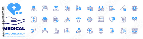Medical icon collection. Bold line style. Duotone colors. drugs, doctor consultation, ecg, pharmacy, doctor, treatment, organization, health, x ray, blood test, medical record.