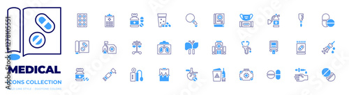 Medical icon collection. Bold line style. Duotone colors. hospital, x rays, biomedical waste, health report, medical book, cardiogram, medicines, oxygen tank, syringe, pills, diabetes, pill, eye drops